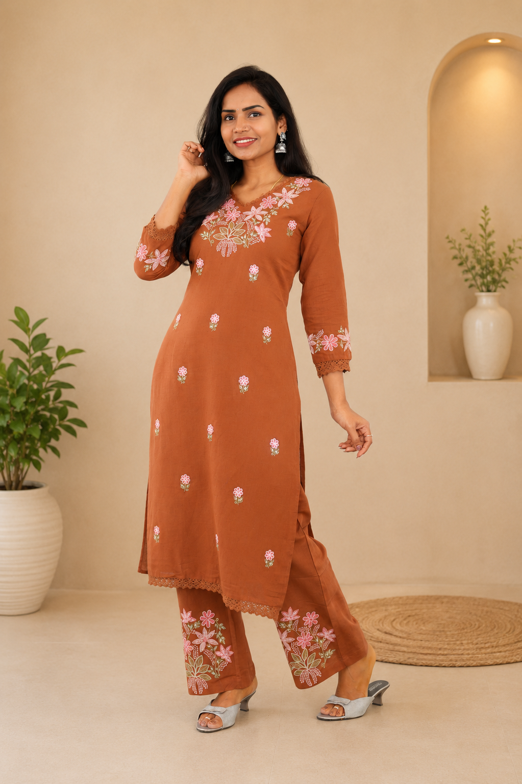 Rust Orange Jaipur Cotton Cordset With Heavy Embrioday Work