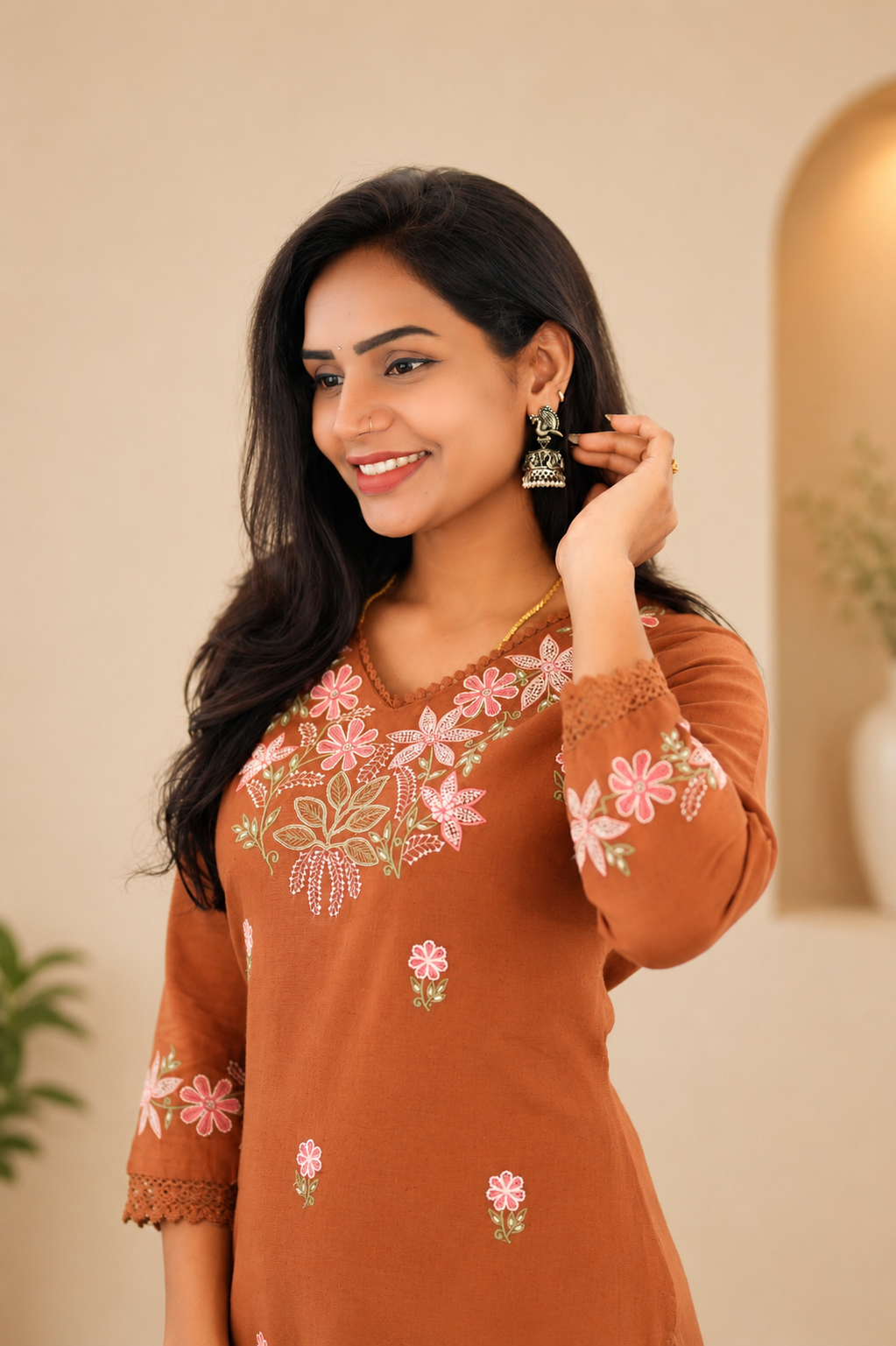 Rust Orange Jaipur Cotton Cordset With Heavy Embrioday Work