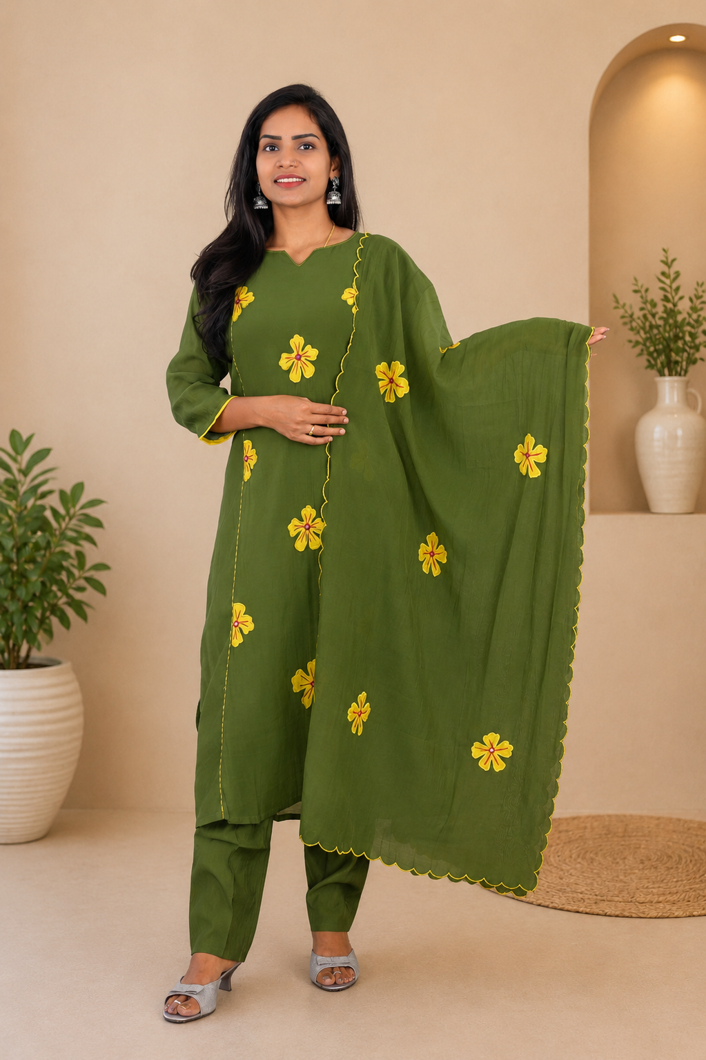 Olive Green Color Mul Chanderi Party Wear 3 Piece Set With Complete Lining and Roman Pant