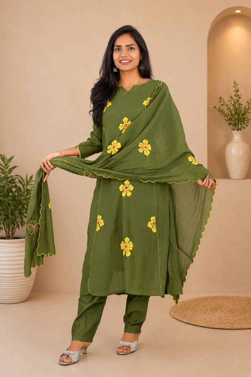 Olive Green Color Mul Chanderi Party Wear 3 Piece Set With Complete Lining and Roman Pant