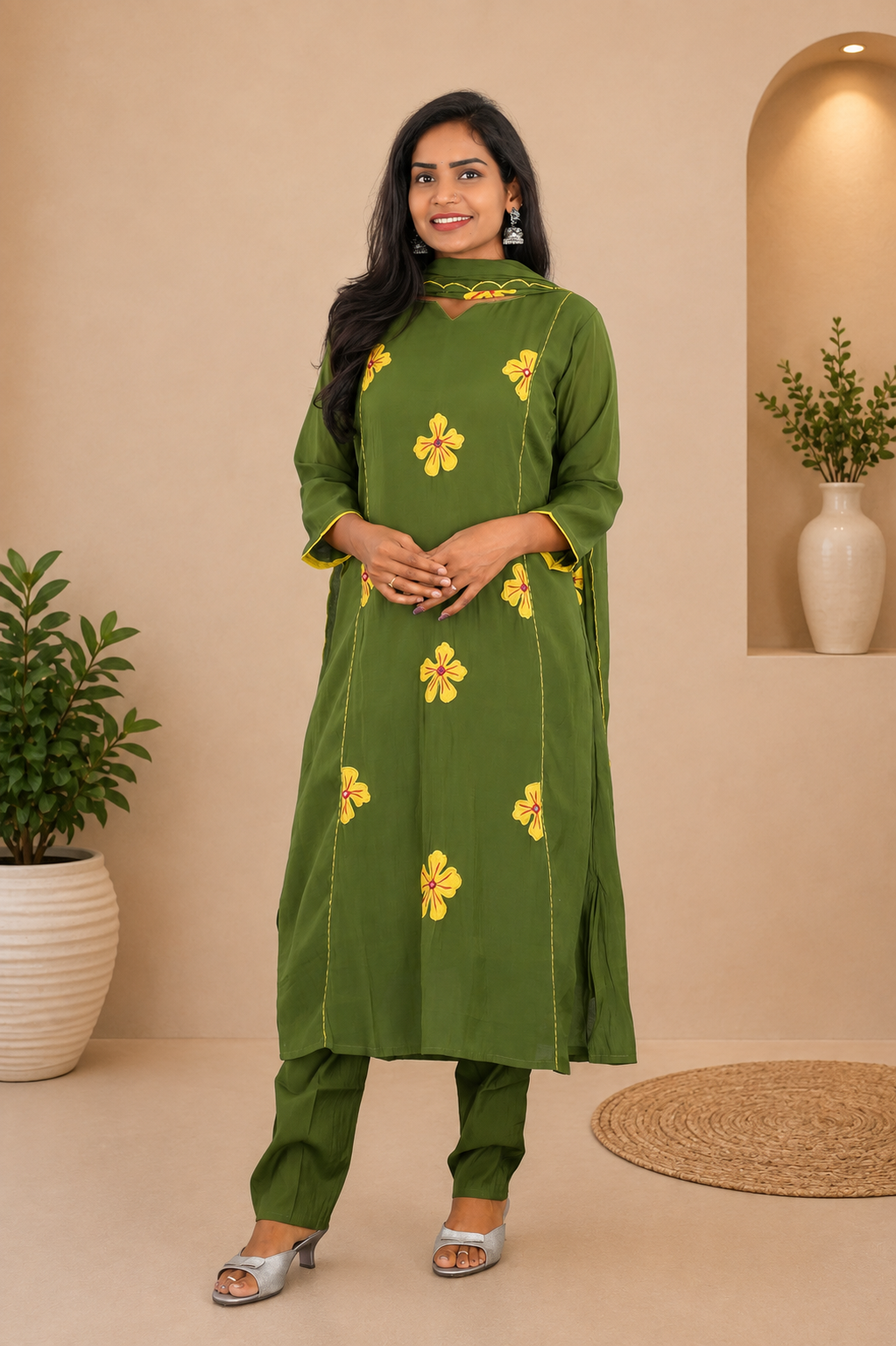 Olive Green Color Mul Chanderi Party Wear 3 Piece Set With Complete Lining and Roman Pant