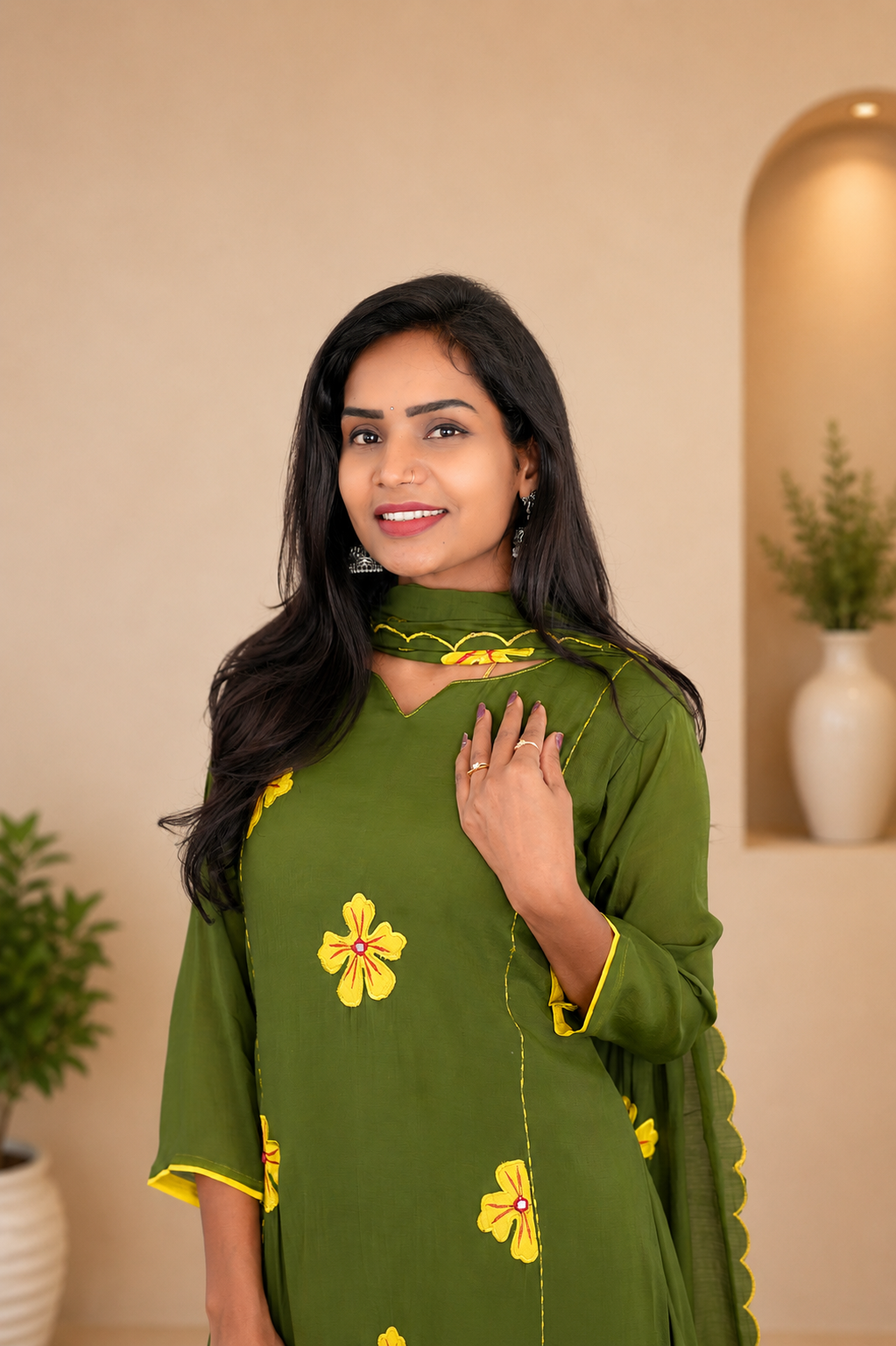 Olive Green Color Mul Chanderi Party Wear 3 Piece Set With Complete Lining and Roman Pant