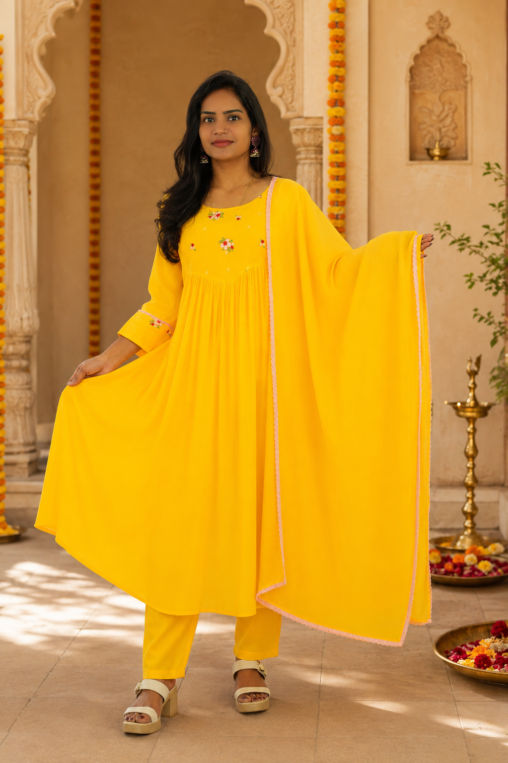 Yellow Color Mul Chandher Party Wear 3 Piece Set With Embriodary and Complete Lining