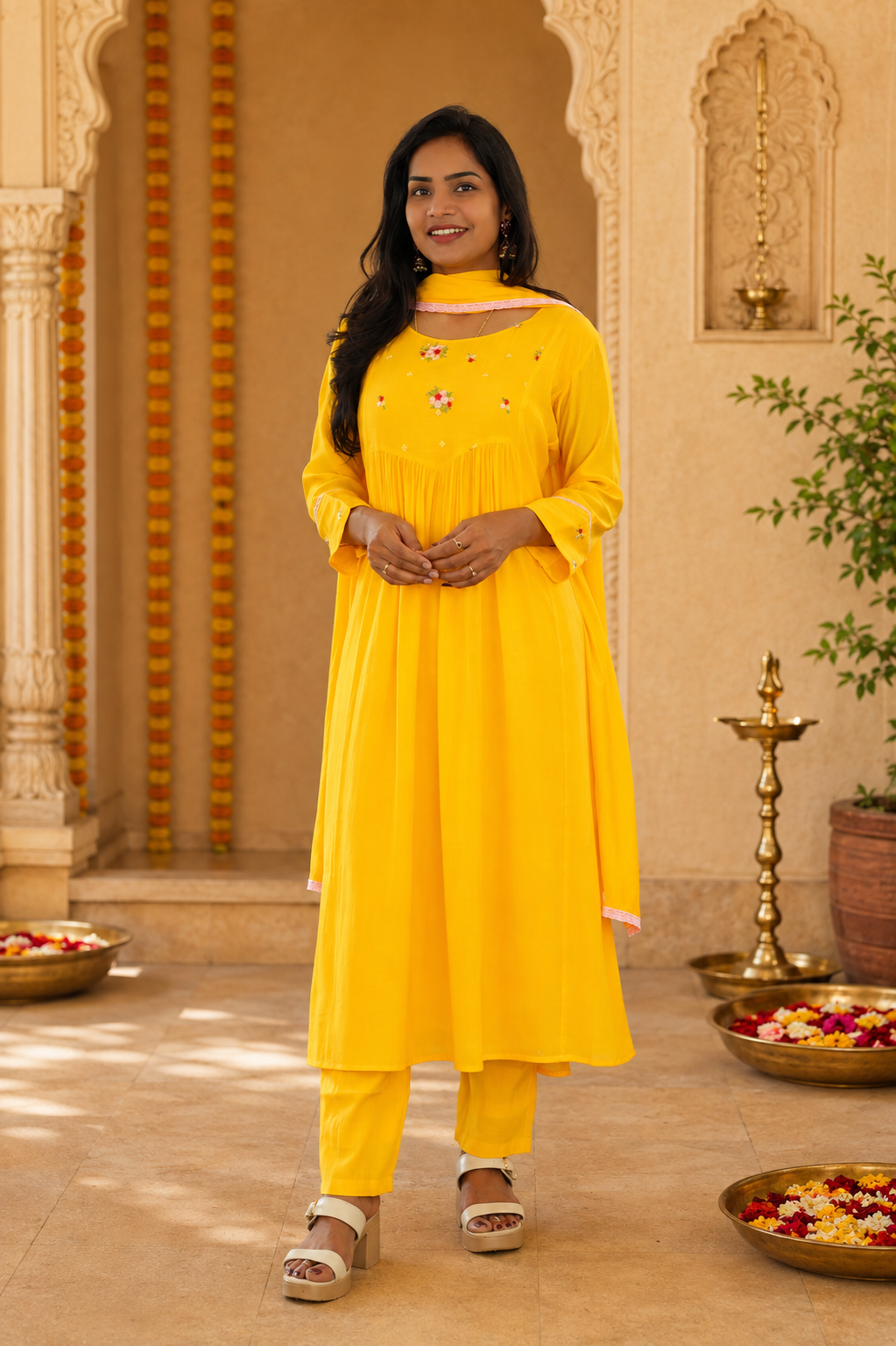 Yellow Color Mul Chandher Party Wear 3 Piece Set With Embriodary and Complete Lining