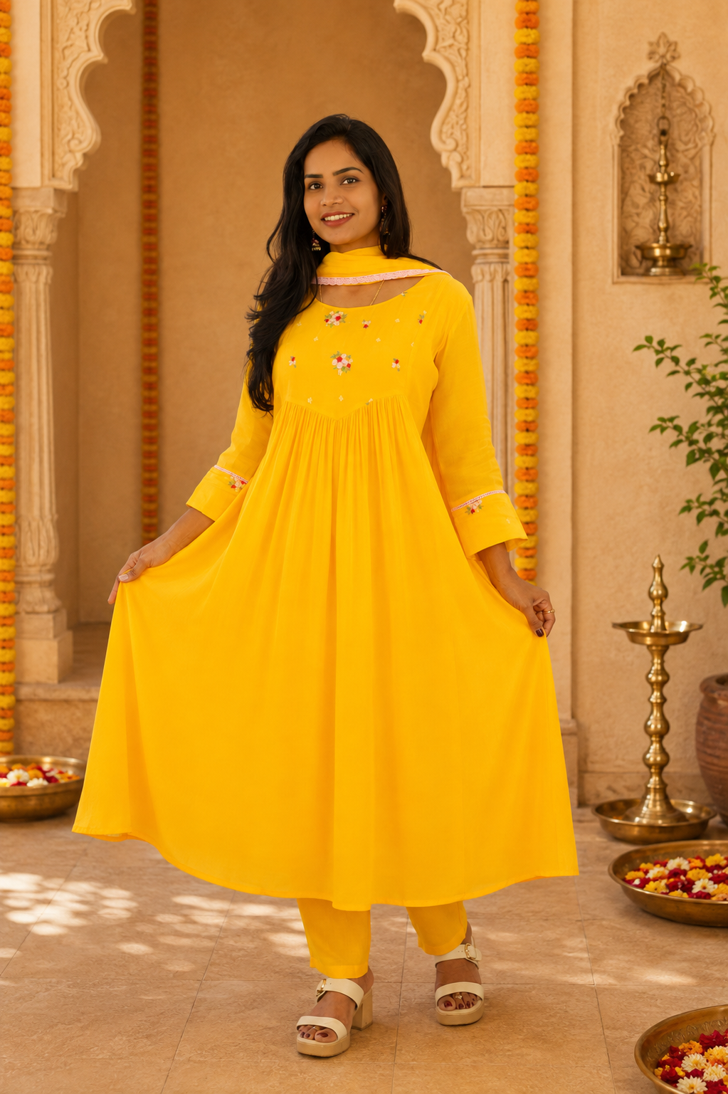 Yellow Color Mul Chandher Party Wear 3 Piece Set With Embriodary and Complete Lining