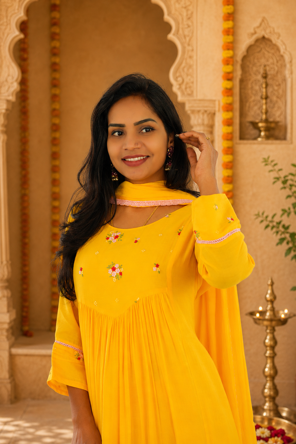 Yellow Color Mul Chandher Party Wear 3 Piece Set With Embriodary and Complete Lining