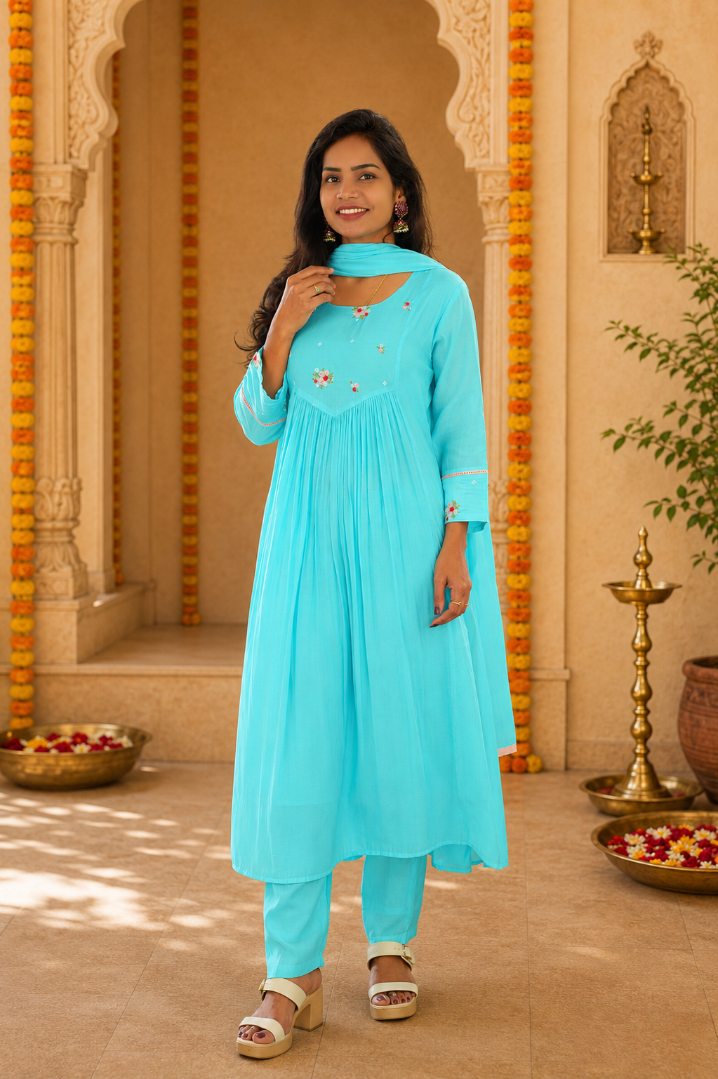 Aqua Blue Color Mul Chandher Party Wear 3 Piece Set With Embriodary and Complete Lining