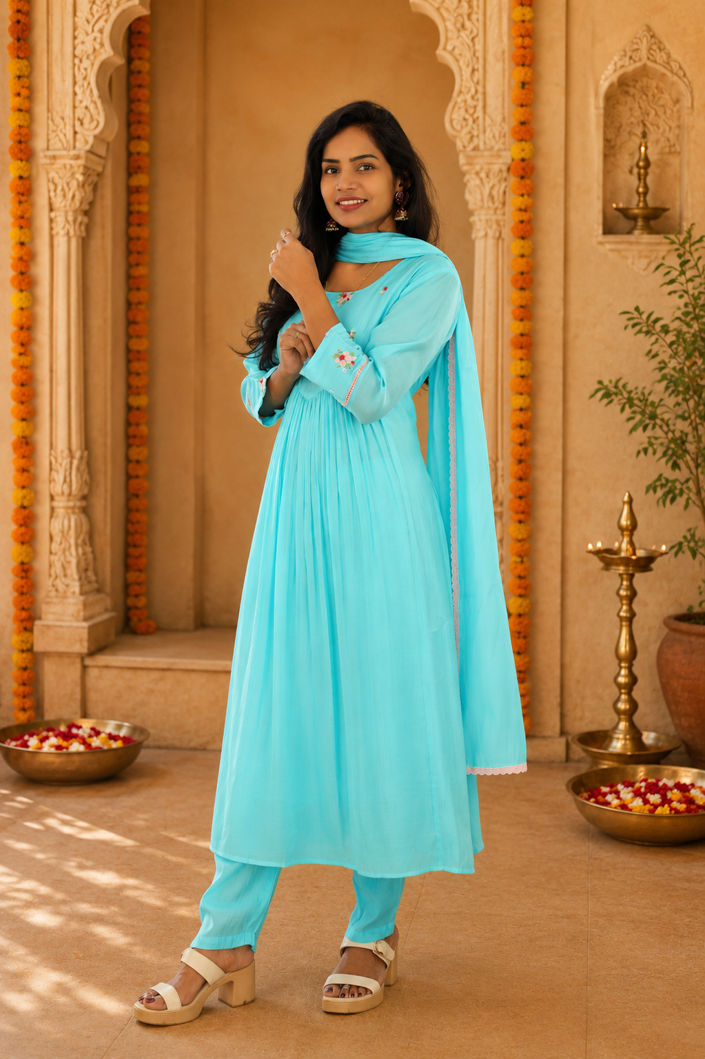 Aqua Blue Color Mul Chandher Party Wear 3 Piece Set With Embriodary and Complete Lining