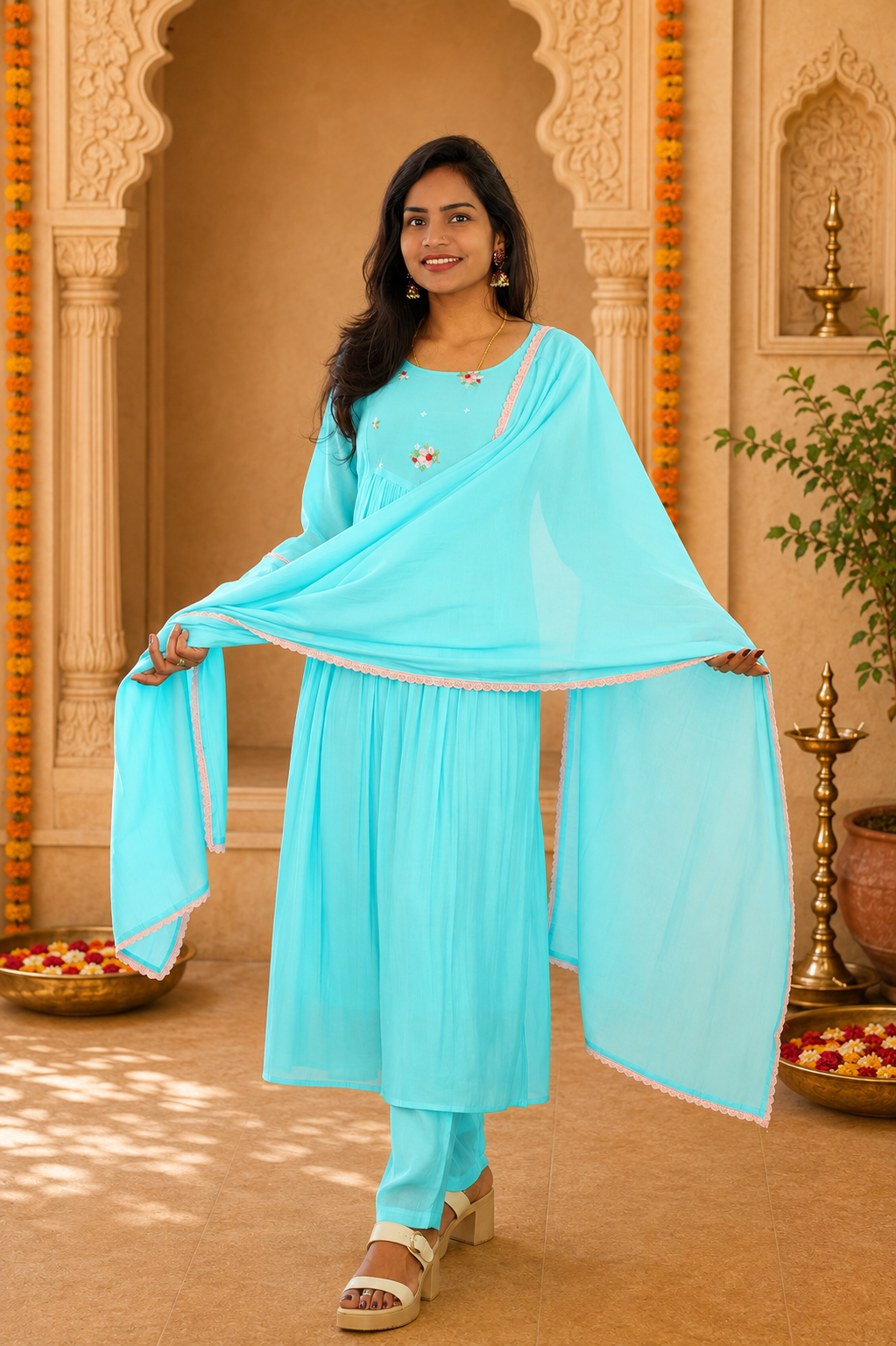 Aqua Blue Color Mul Chandher Party Wear 3 Piece Set With Embriodary and Complete Lining