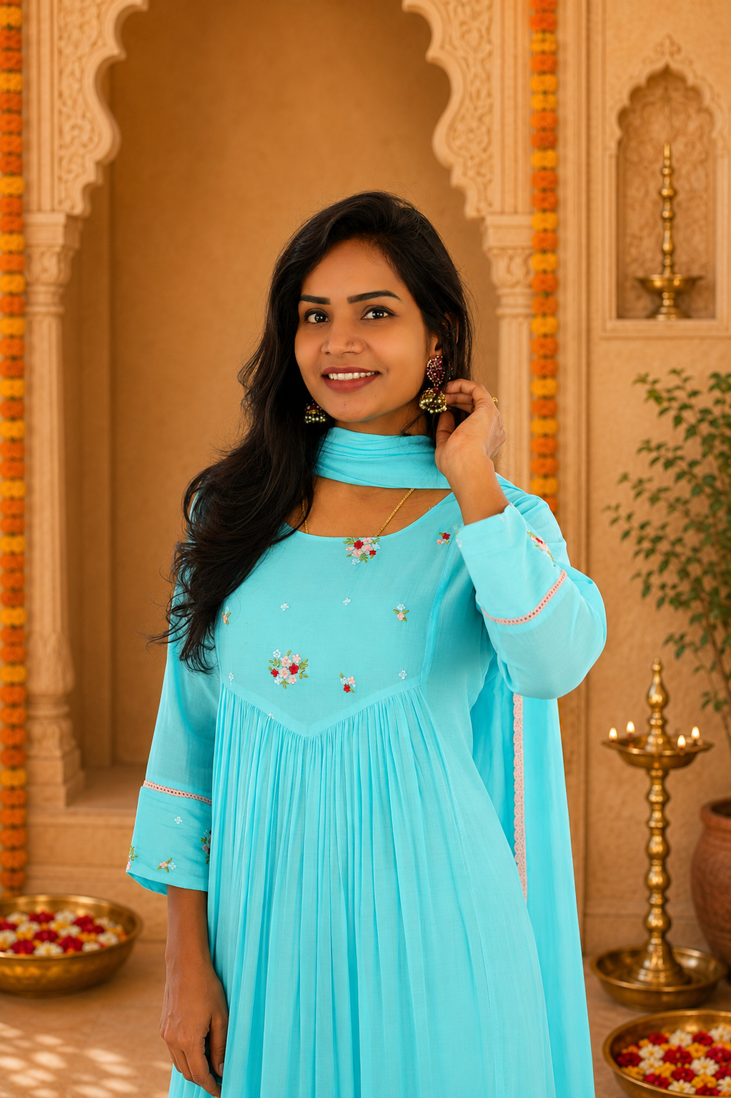 Aqua Blue Color Mul Chandher Party Wear 3 Piece Set With Embriodary and Complete Lining