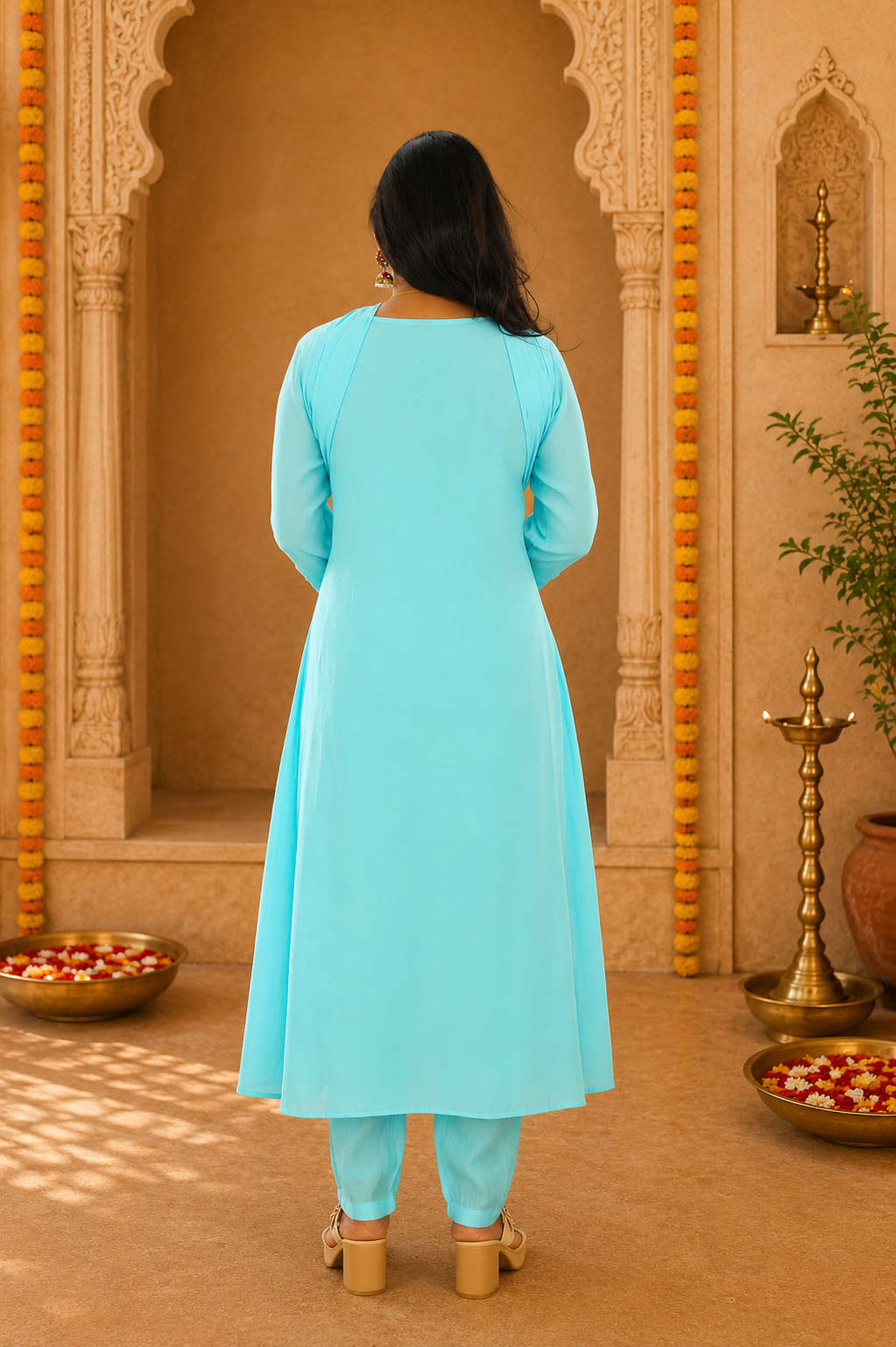 Aqua Blue Color Mul Chandher Party Wear 3 Piece Set With Embriodary and Complete Lining
