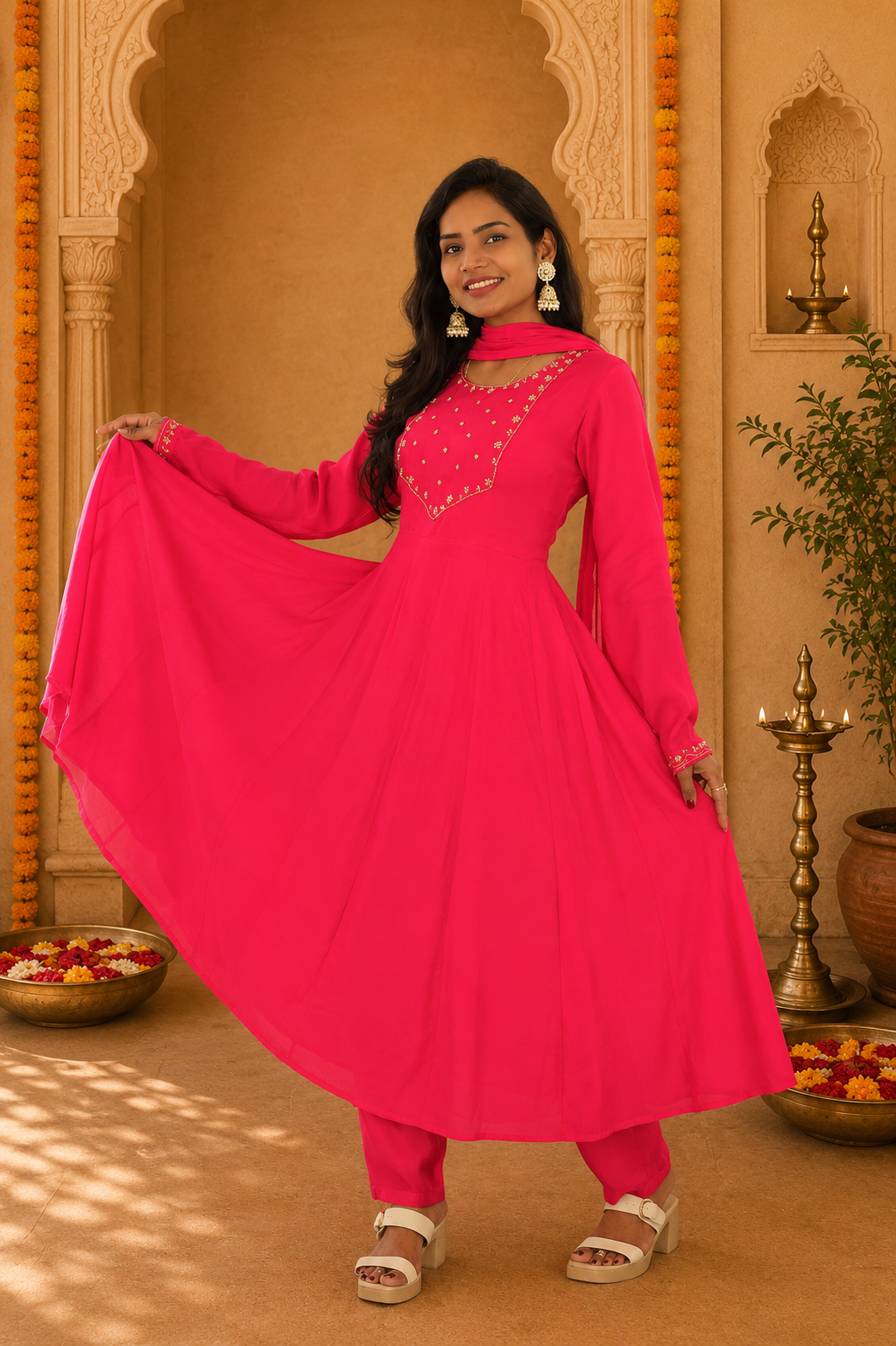 Rani Pink Color Mul Chandher Festive Wear 3 Piece Set With Gota Patti work and Complete Lining