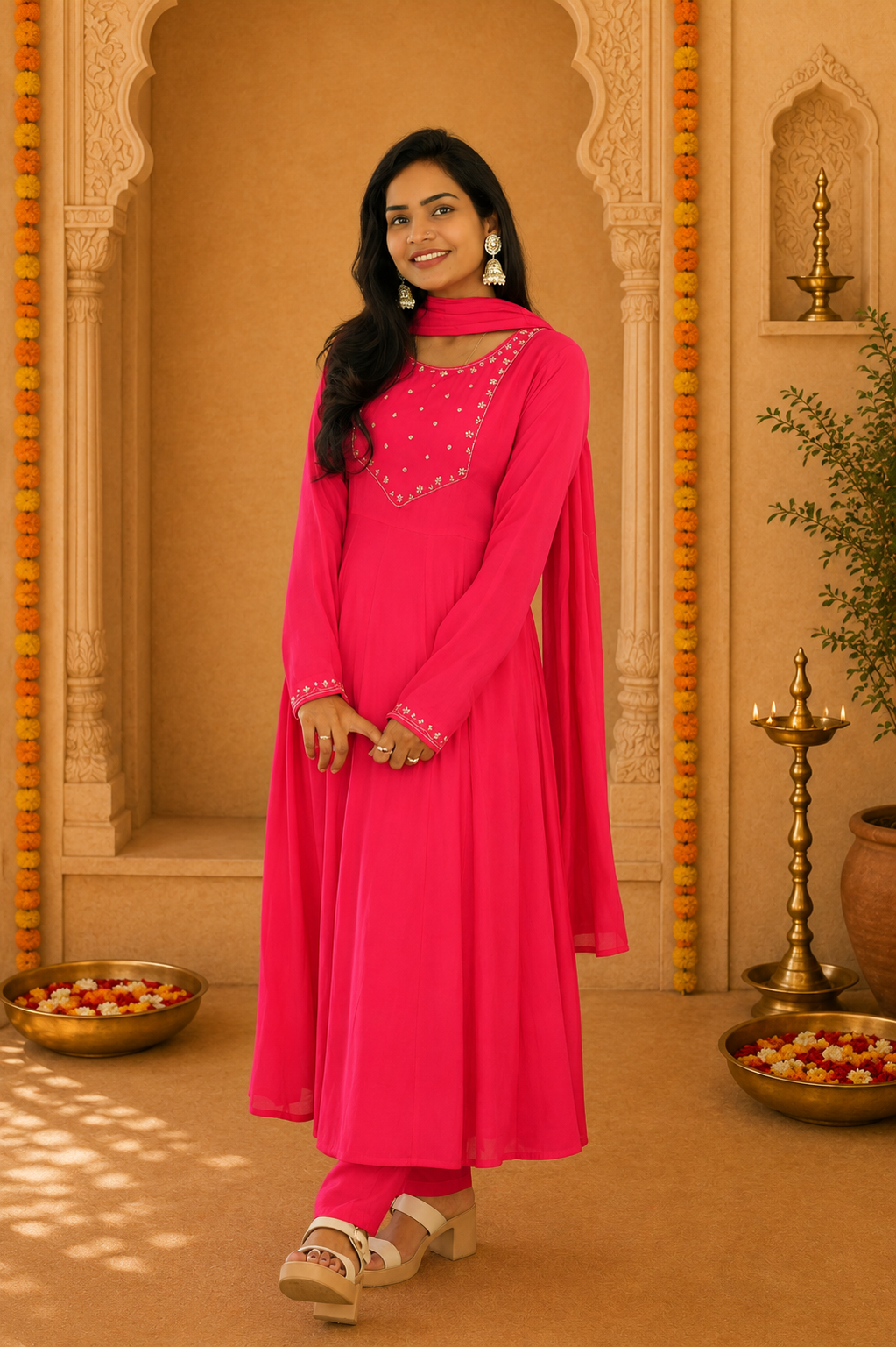 Rani Pink Color Mul Chandher Festive Wear 3 Piece Set With Gota Patti work and Complete Lining