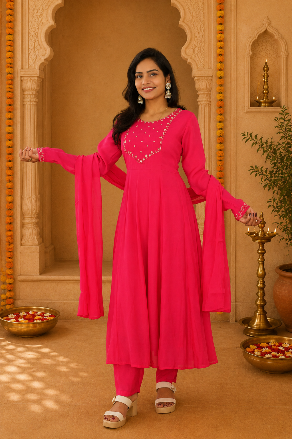 Rani Pink Color Mul Chandher Festive Wear 3 Piece Set With Gota Patti work and Complete Lining