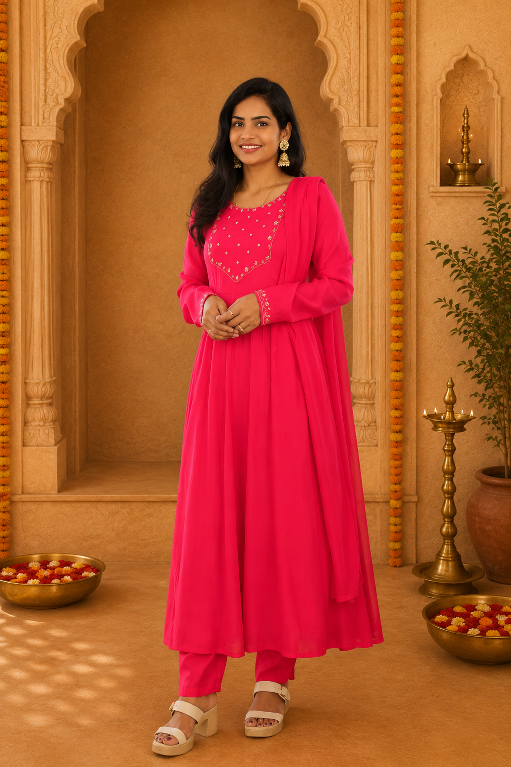 Rani Pink Color Mul Chandher Festive Wear 3 Piece Set With Gota Patti work and Complete Lining