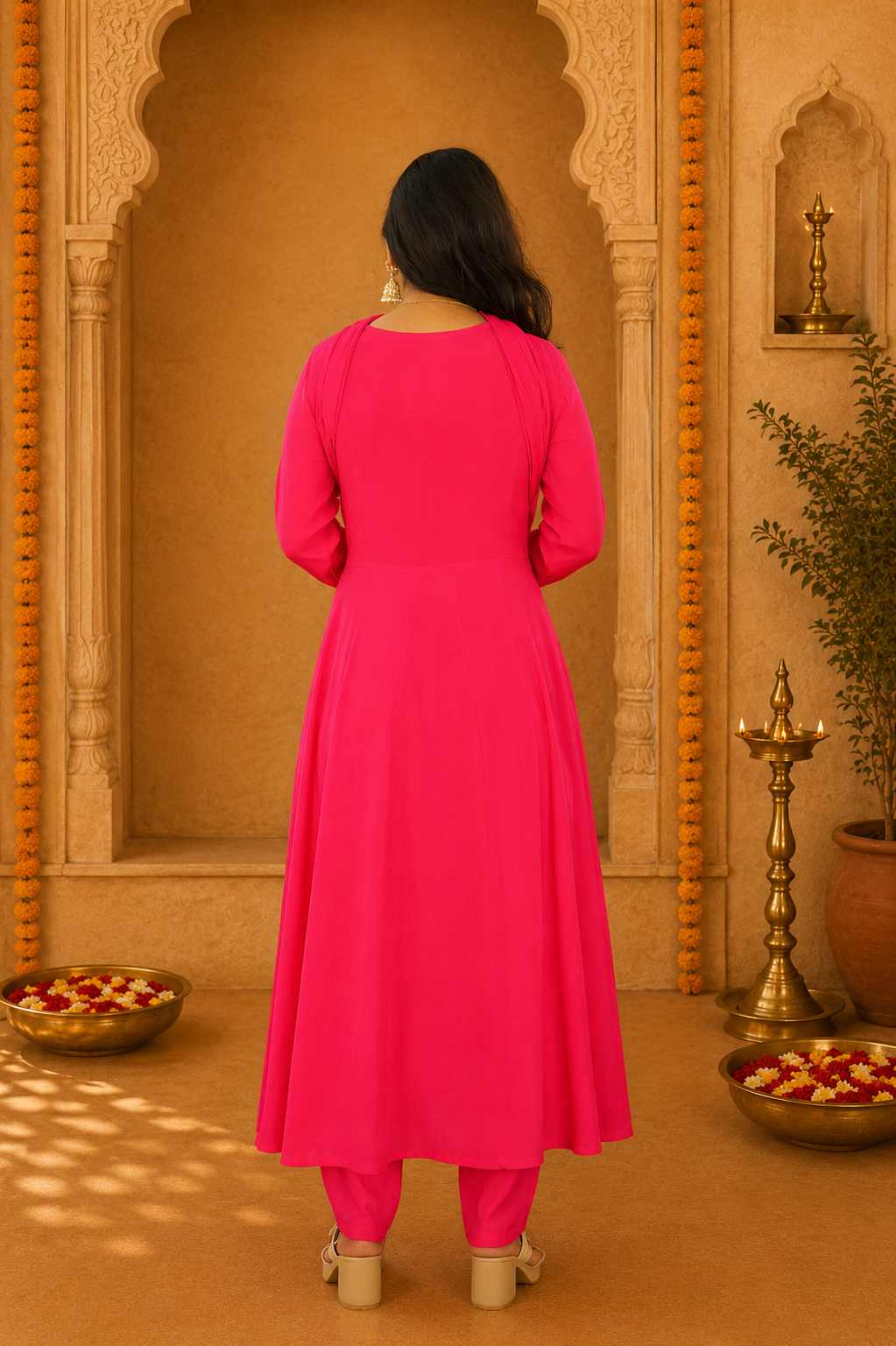 Rani Pink Color Mul Chandher Festive Wear 3 Piece Set With Gota Patti work and Complete Lining