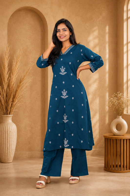 Teal Blue Color Jaipur Cotton Cordset With Embriodary work