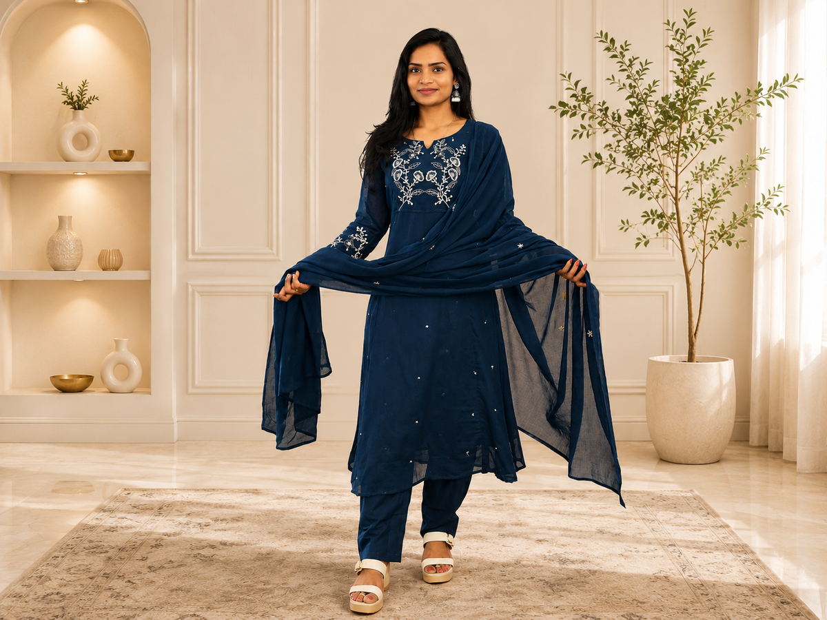 Blue Color Mul Cotton 3 Piece Set With Heavy Embroidery work and Complete Lining