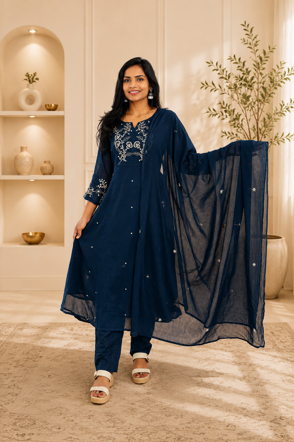 Blue Color Mul Cotton 3 Piece Set With Heavy Embroidery work and Complete Lining