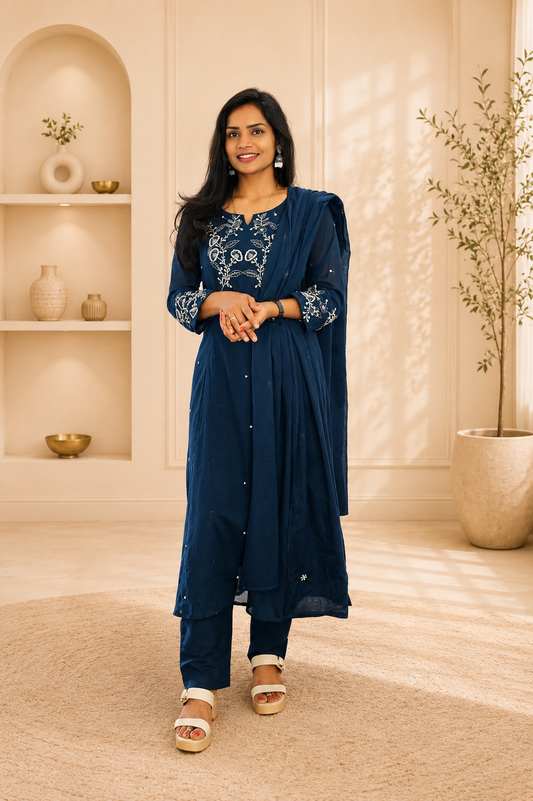 Blue Color Mul Cotton 3 Piece Set With Heavy Embroidery work and Complete Lining
