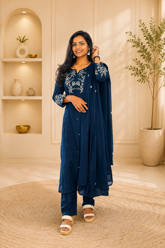 Blue Color Mul Cotton 3 Piece Set With Heavy Embroidery work and Complete Lining