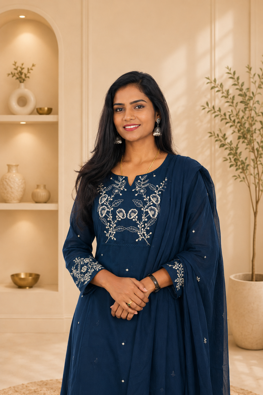 Blue Color Mul Cotton 3 Piece Set With Heavy Embroidery work and Complete Lining