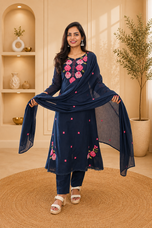 Blue Color Mul Cotton 3 Piece Set With Embroidery work and Complete Lining