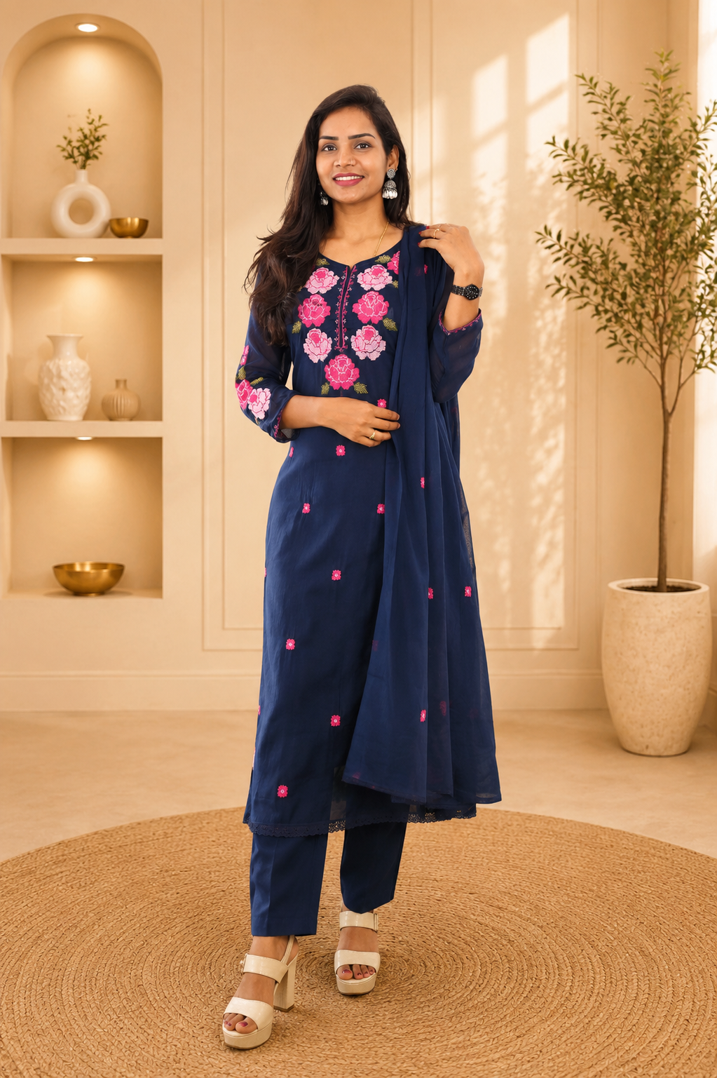 Blue Color Mul Cotton 3 Piece Set With Embroidery work and Complete Lining