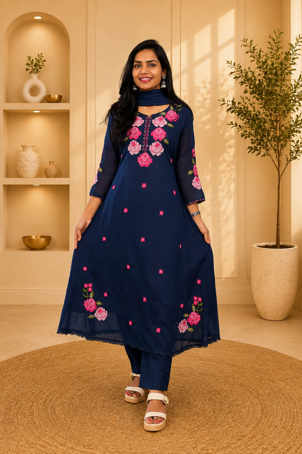 Blue Color Mul Cotton 3 Piece Set With Embroidery work and Complete Lining