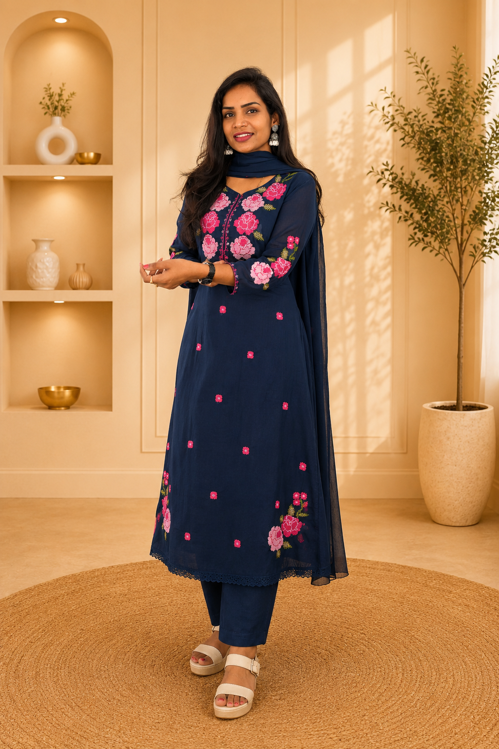 Blue Color Mul Cotton 3 Piece Set With Embroidery work and Complete Lining