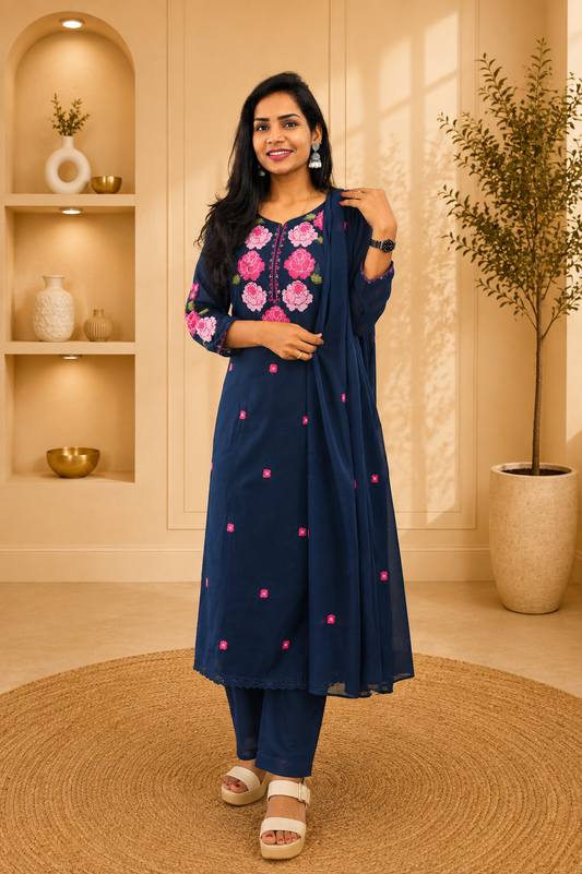 Blue Color Mul Cotton 3 Piece Set With Embroidery work and Complete Lining