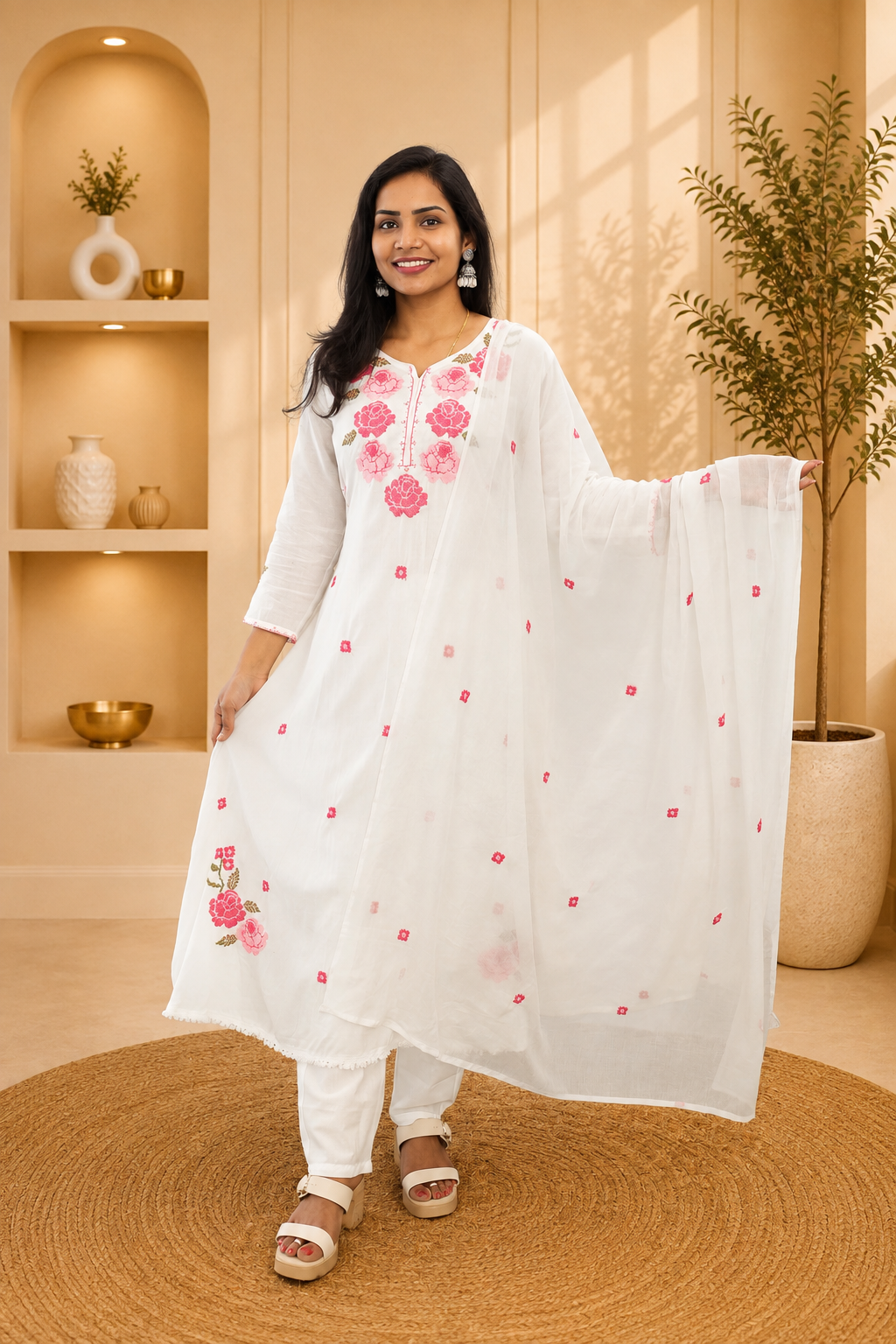White Color Mul Cotton 3 Piece Set With Embroidery work and Complete Lining