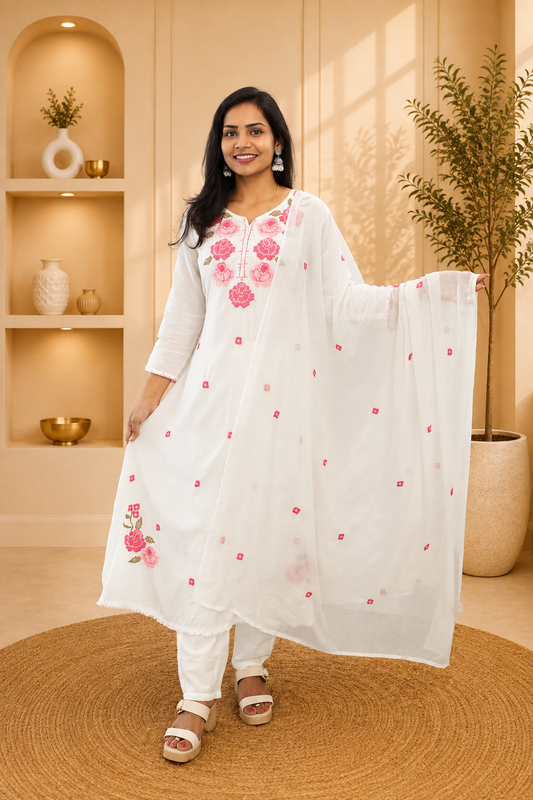 White Color Mul Cotton 3 Piece Set With Embroidery work and Complete Lining