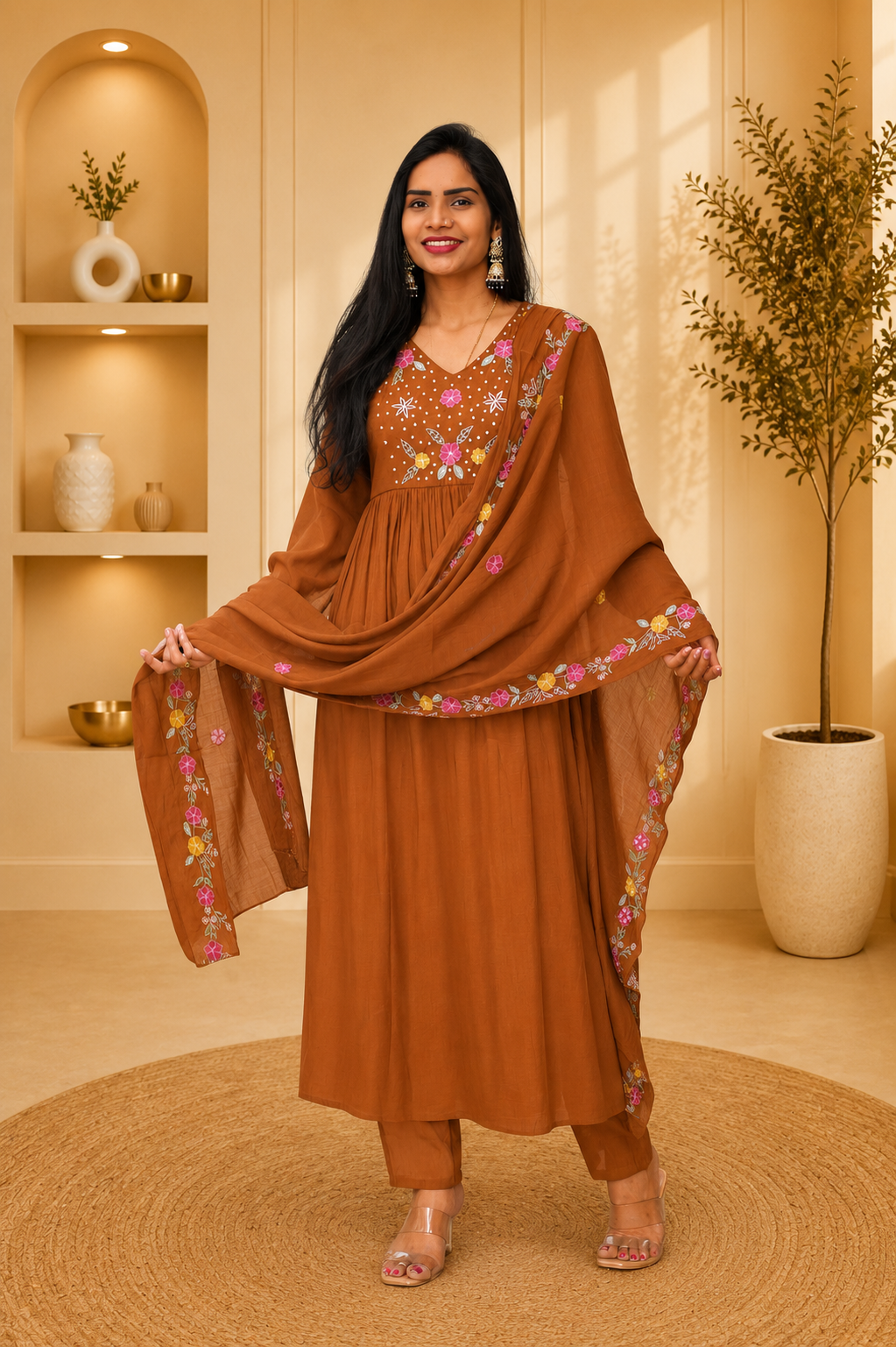 Brown Mul chanderi 3 Piece Set With Lining and Embroidery work