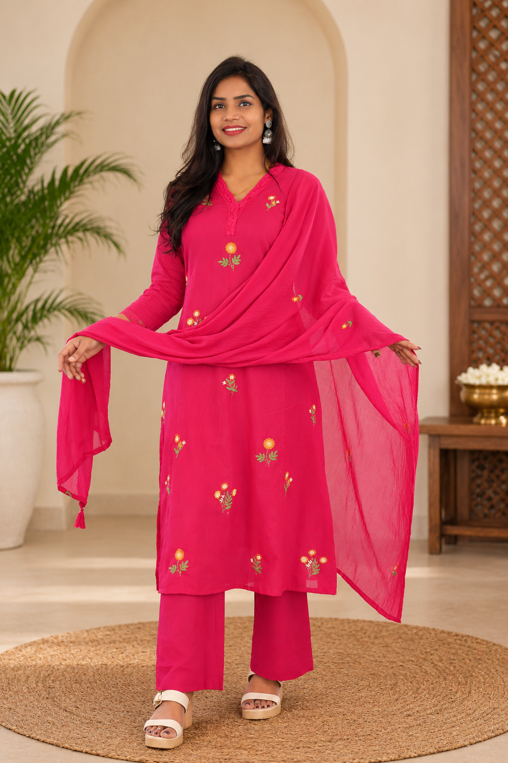Magenta Pink Mul Cotton 3 Piece set With Embroidery work and Complete Lining