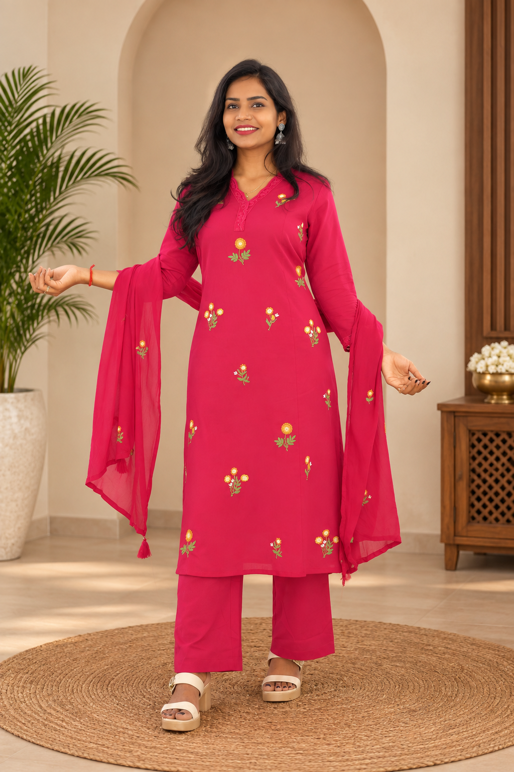 Magenta Pink Mul Cotton 3 Piece set With Embroidery work and Complete Lining
