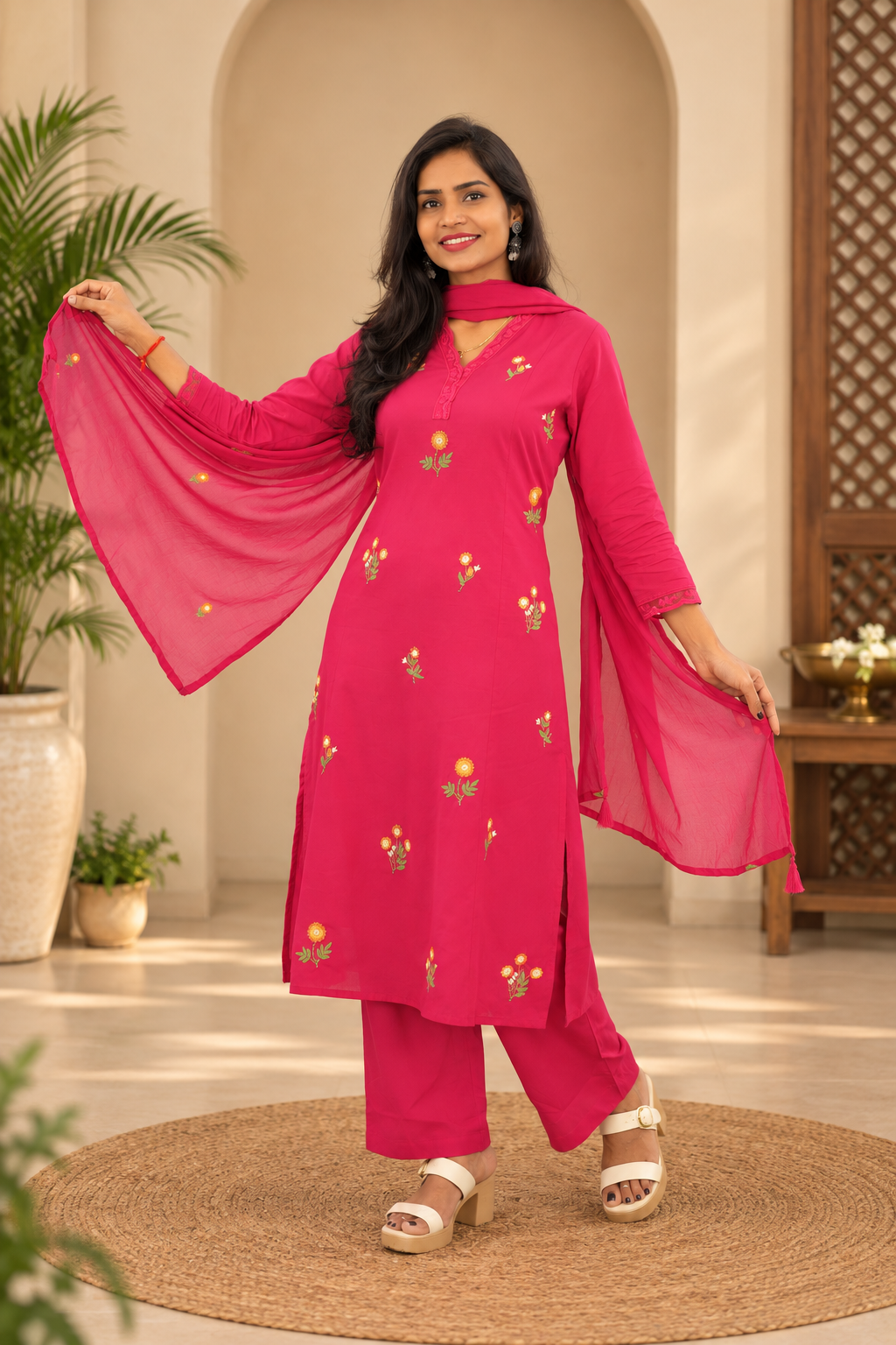 Magenta Pink Mul Cotton 3 Piece set With Embroidery work and Complete Lining