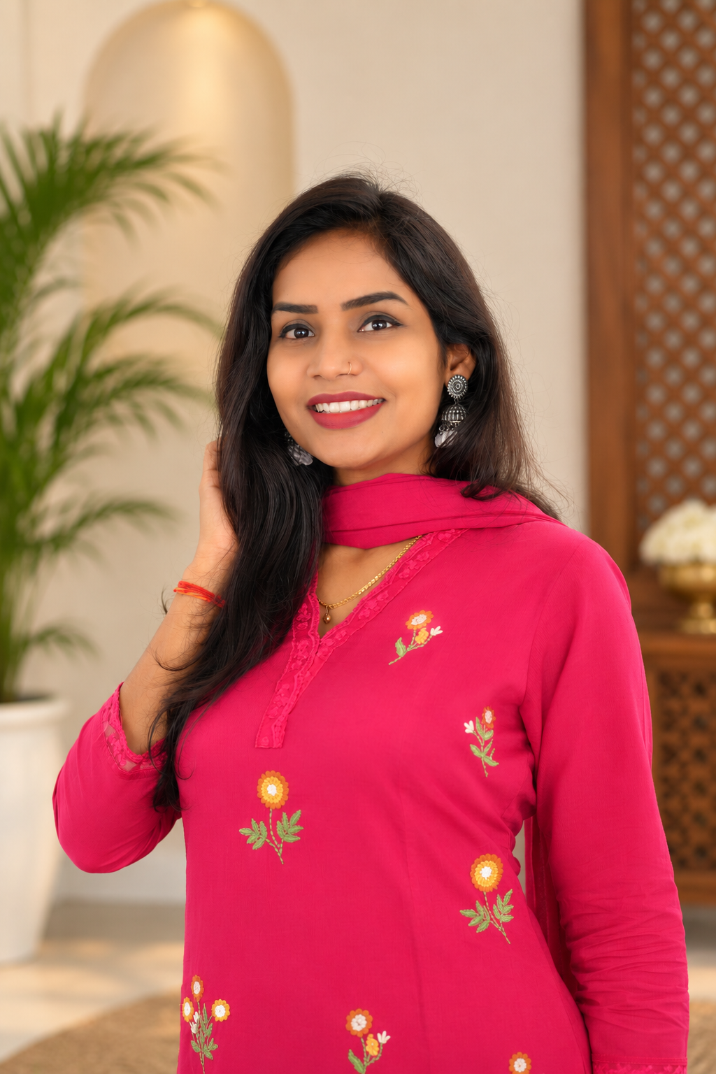 Magenta Pink Mul Cotton 3 Piece set With Embroidery work and Complete Lining