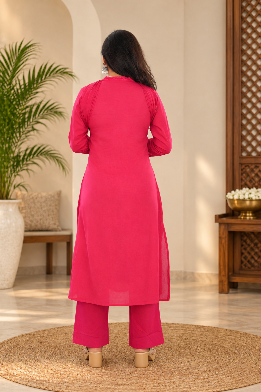 Magenta Pink Mul Cotton 3 Piece set With Embroidery work and Complete Lining