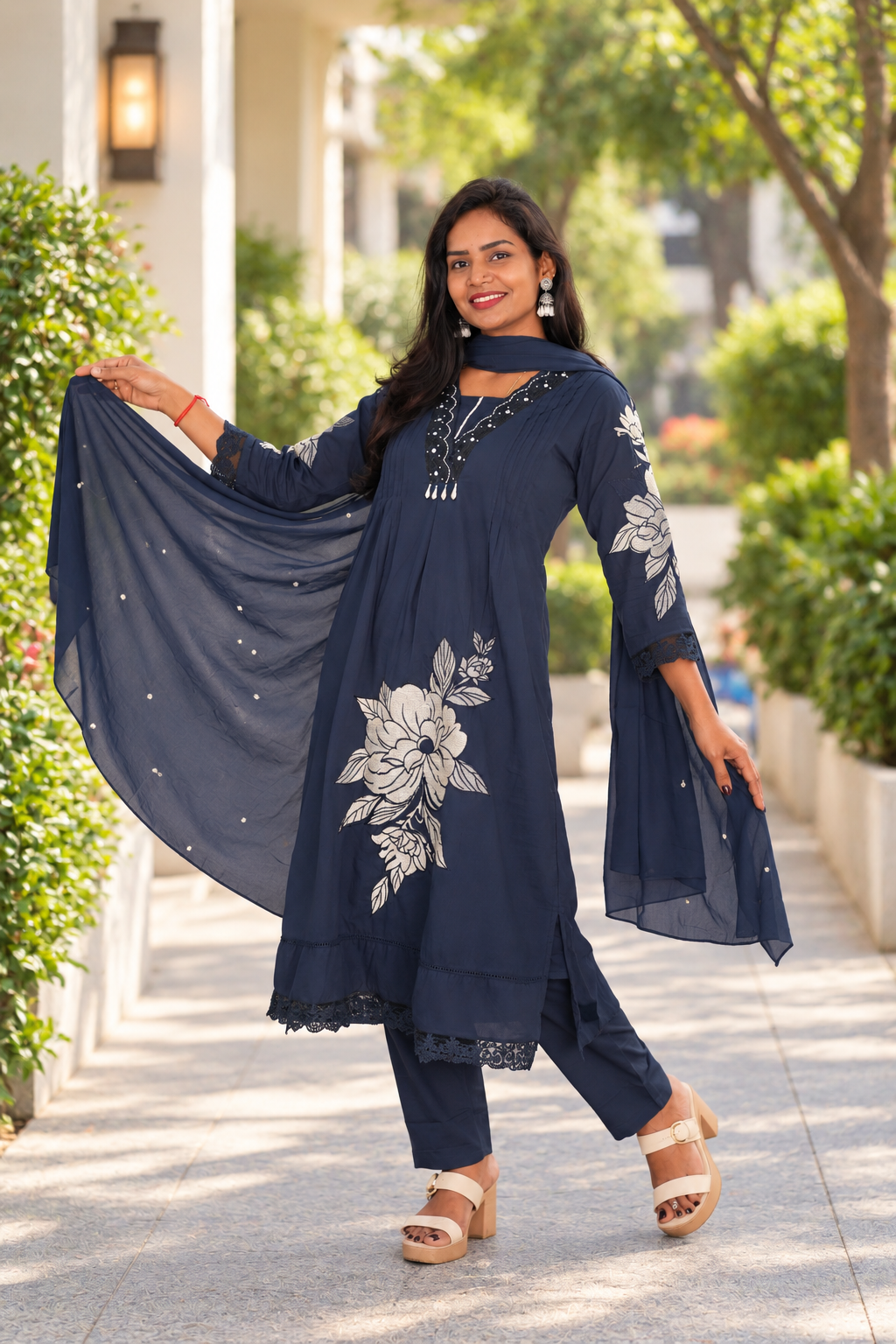 Navy Blue Mul Cotton Festive Wear 3-Piece Set with Complete Lining