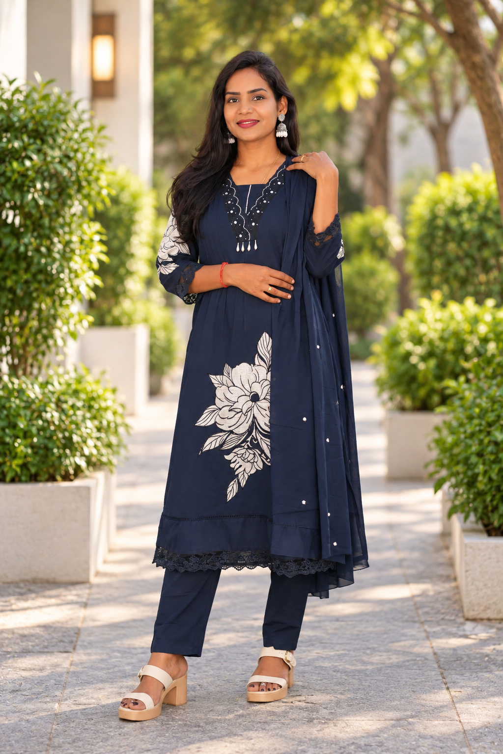 Navy Blue Mul Cotton Festive Wear 3-Piece Set with Complete Lining