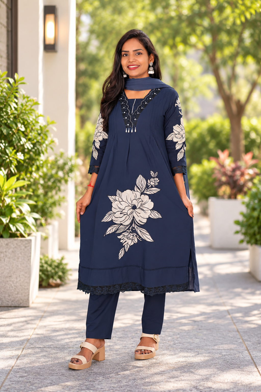 Navy Blue Mul Cotton Festive Wear 3-Piece Set with Complete Lining