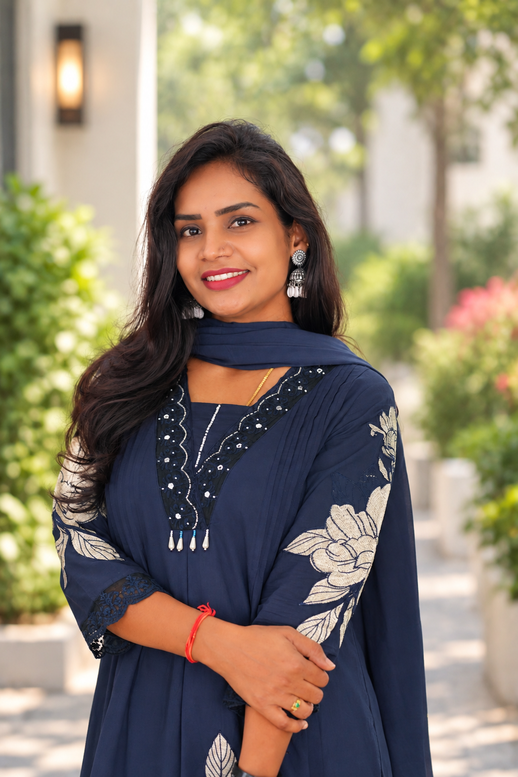 Navy Blue Mul Cotton Festive Wear 3-Piece Set with Complete Lining