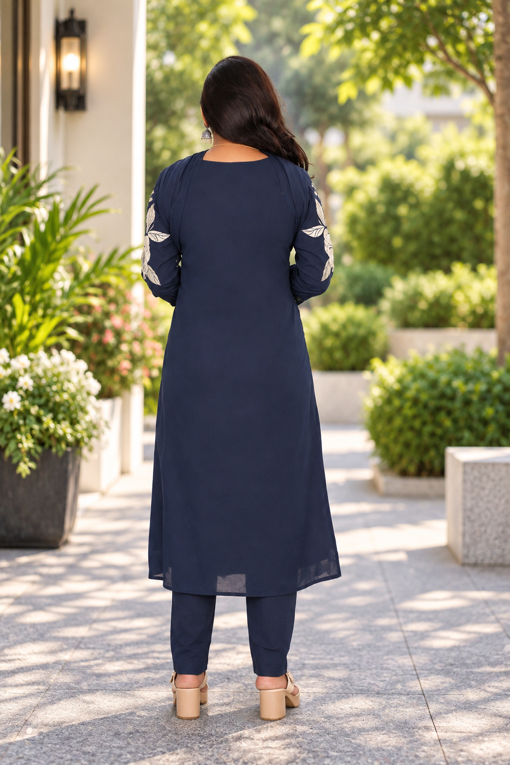 Navy Blue Mul Cotton Festive Wear 3-Piece Set with Complete Lining