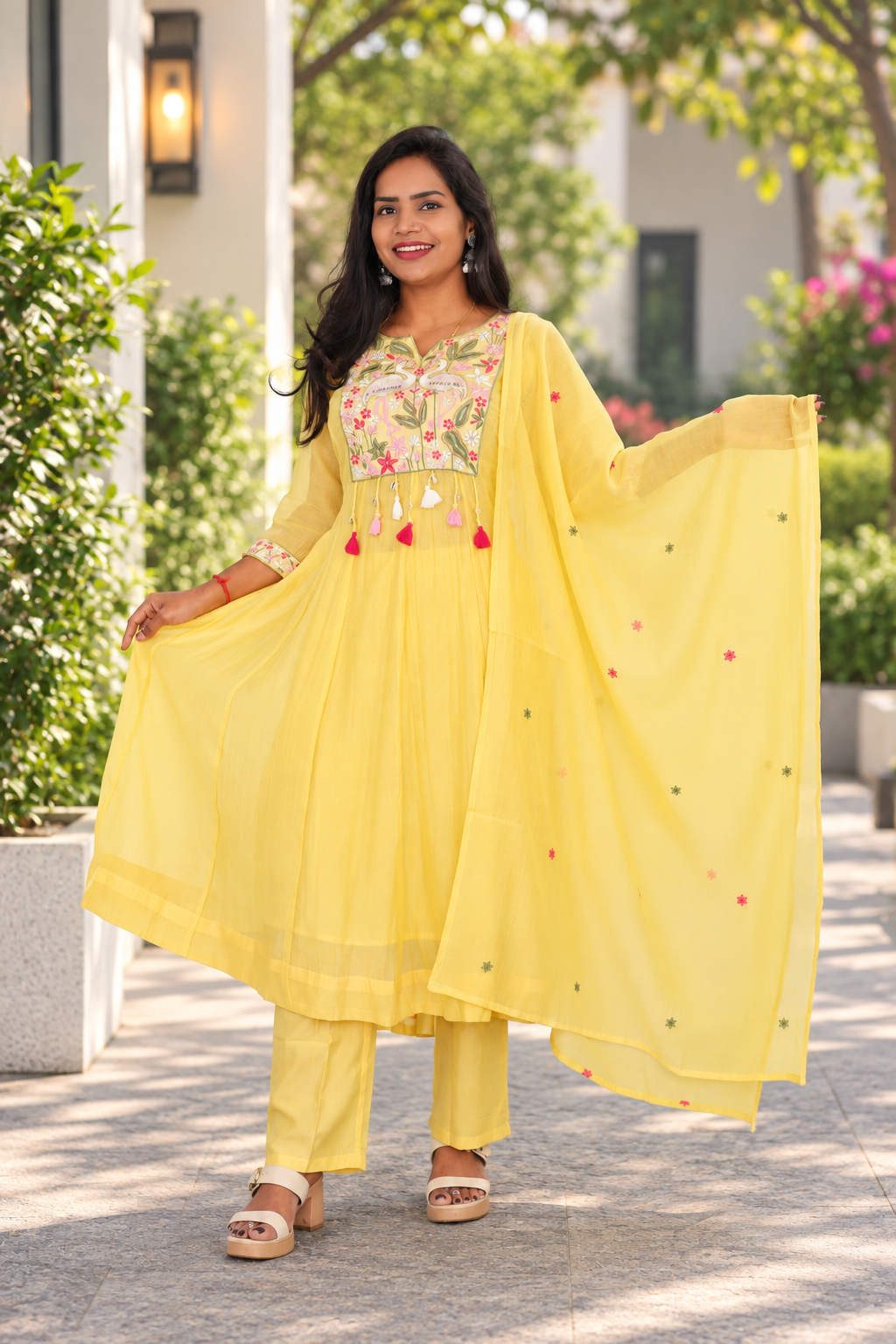 Yellow Festive Mul Chanderi 3-Piece Set with Embroidery & Complete Lining