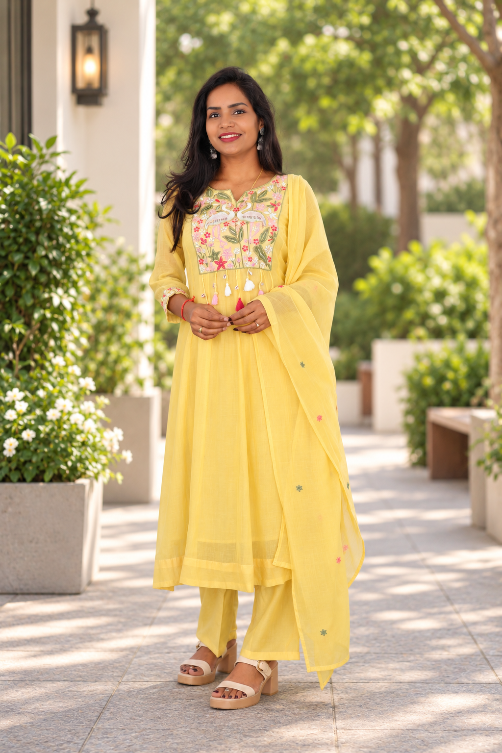 Yellow Festive Mul Chanderi 3-Piece Set with Embroidery & Complete Lining