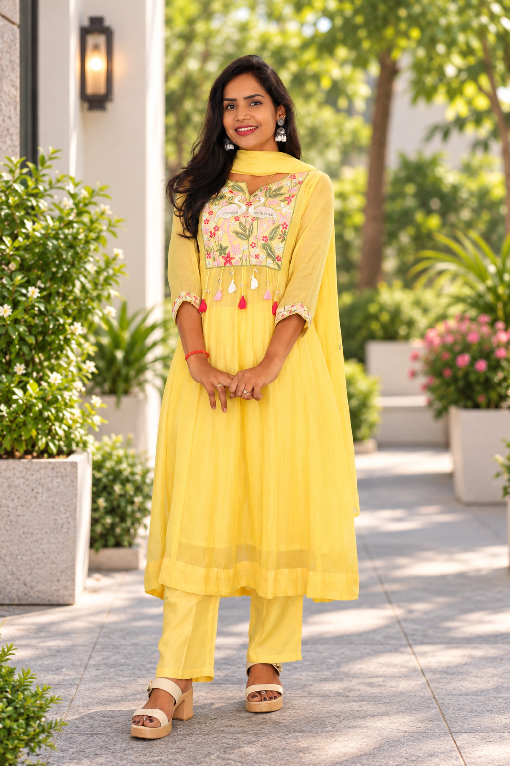Yellow Festive Mul Chanderi 3-Piece Set with Embroidery & Complete Lining
