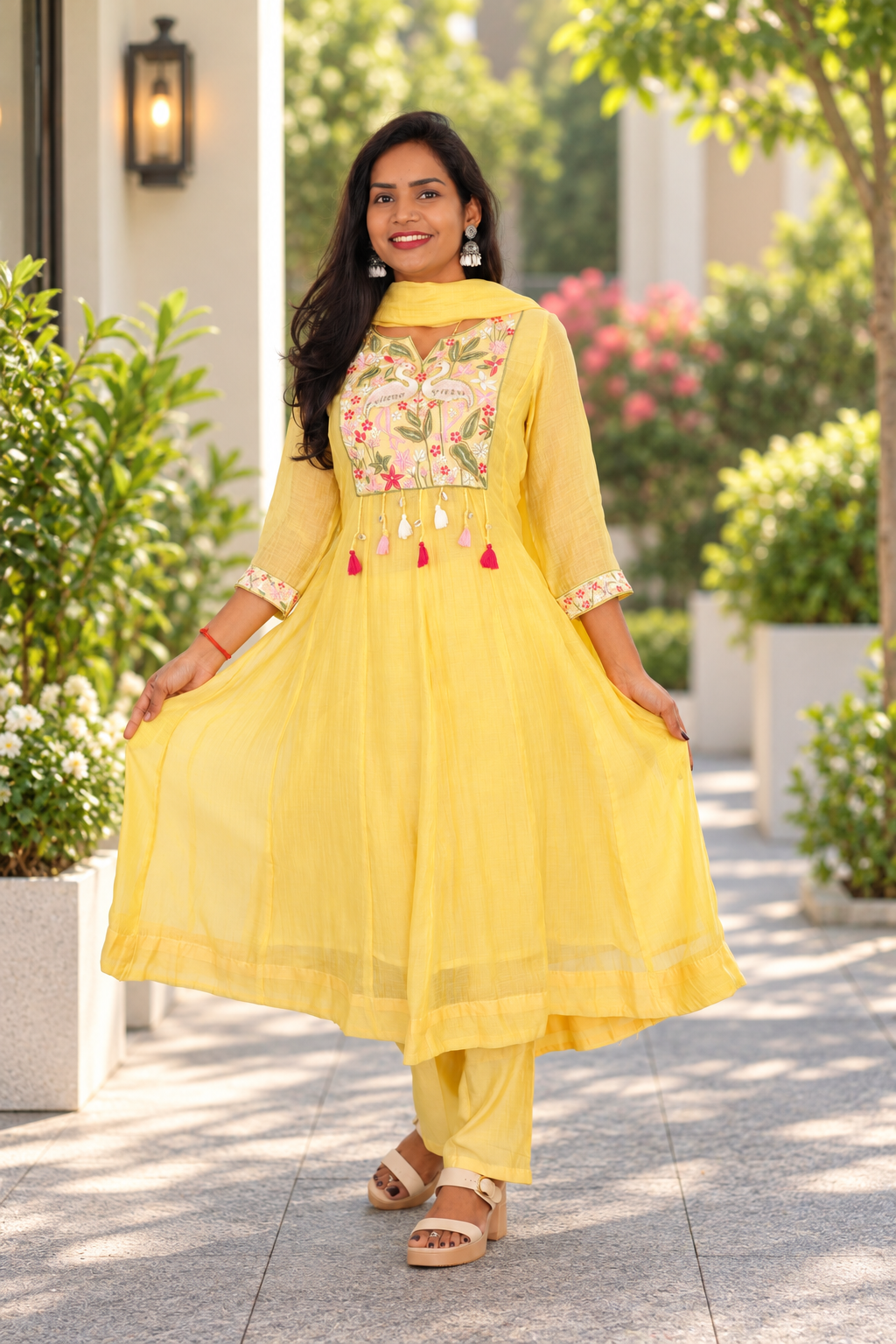 Yellow Festive Mul Chanderi 3-Piece Set with Embroidery & Complete Lining