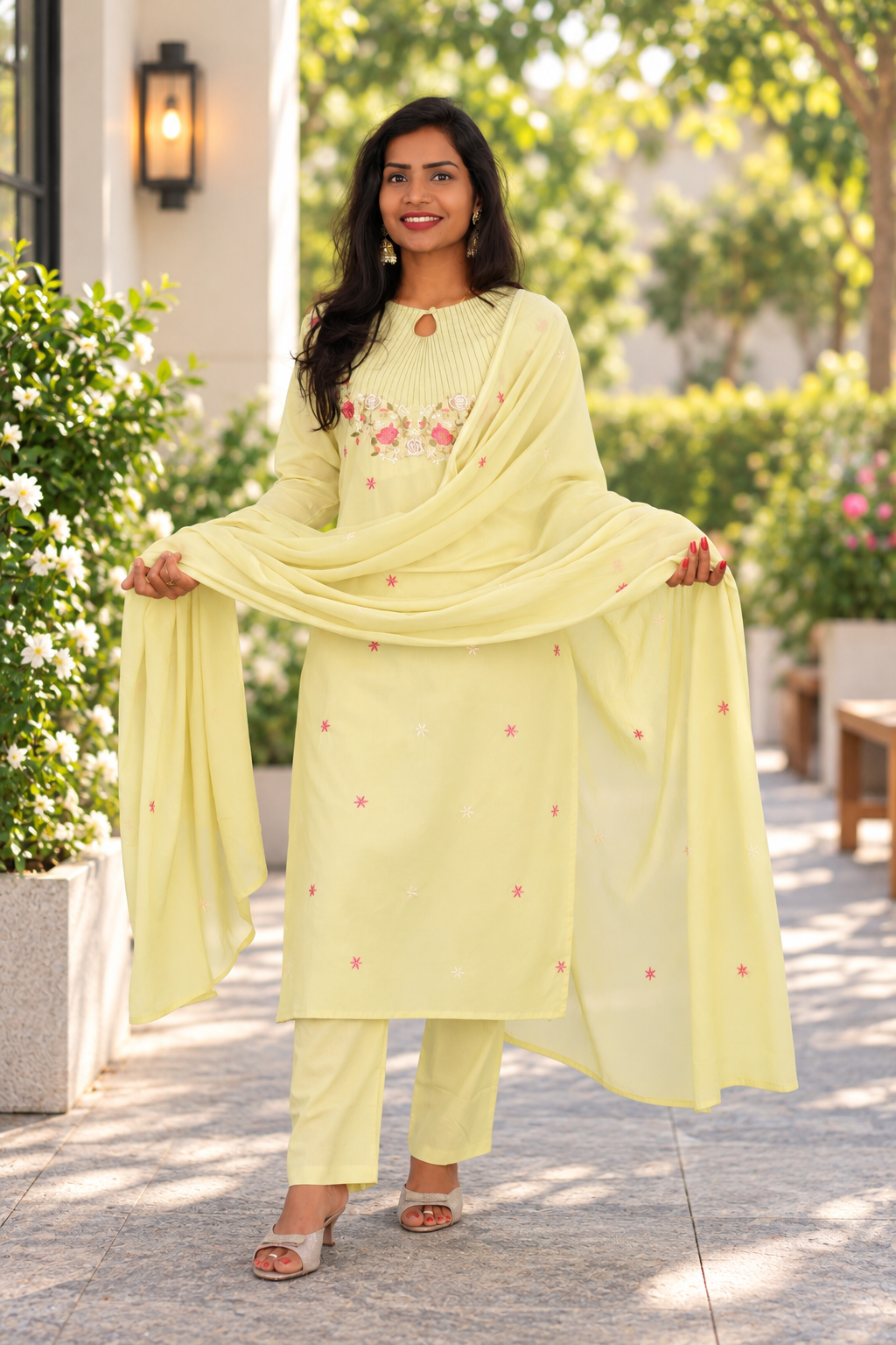 Pastel Lemon Yellow Mul Cotton 3-Piece Set with Elegant Embroidery & Complete Lining