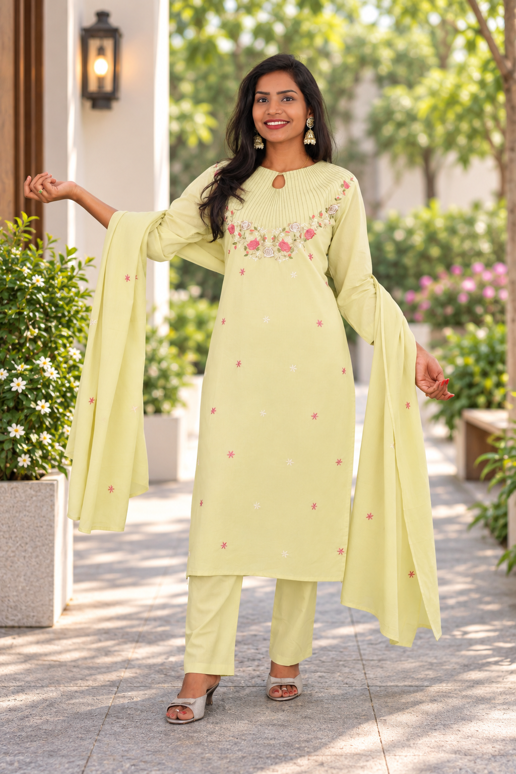 Pastel Lemon Yellow Mul Cotton 3-Piece Set with Elegant Embroidery & Complete Lining